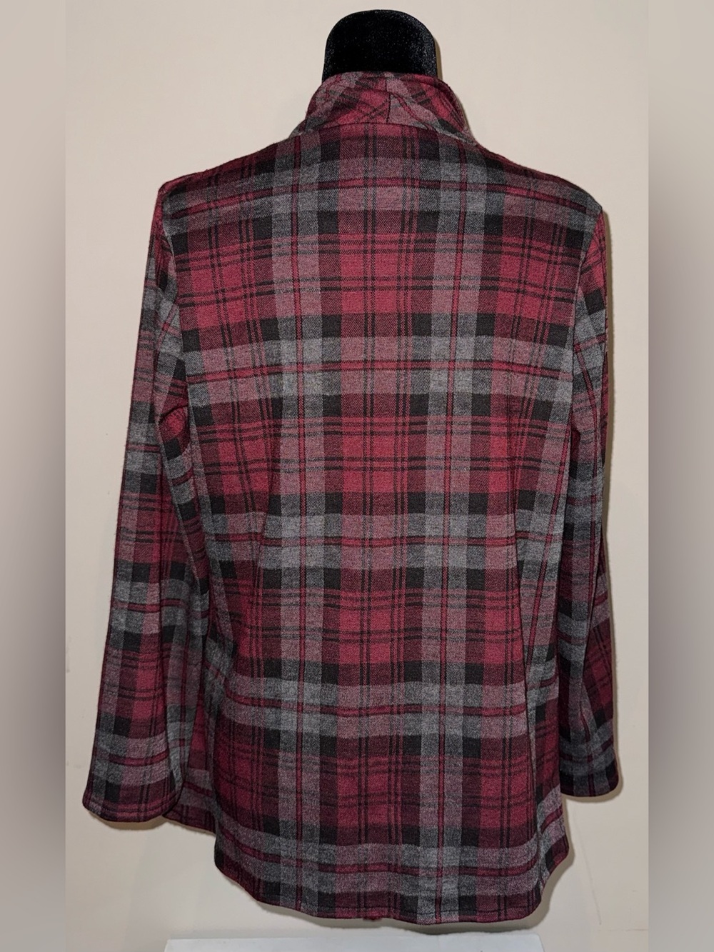 BB Dakota Plaid Drape Front Cardigan Red Grey Open Front Jacket Sweater Medium M - Picture 6 of 8